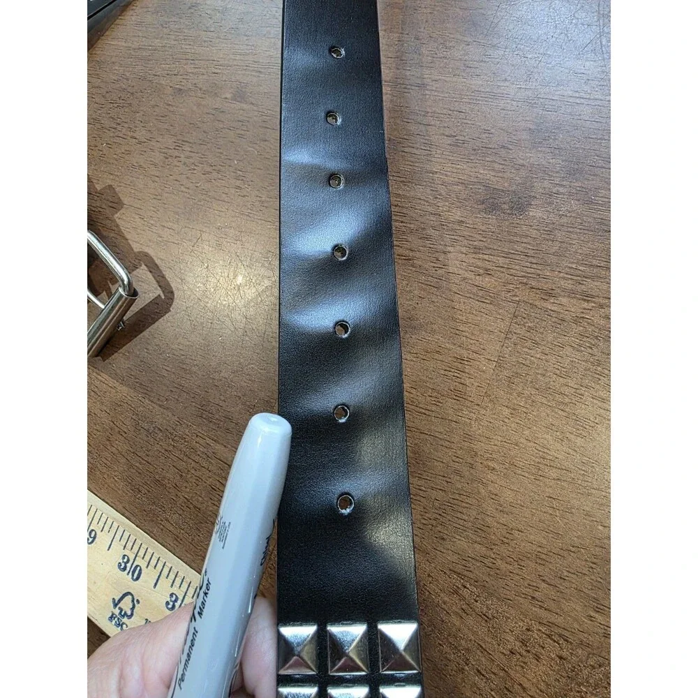Y2K 3-Row Silver Pyramid Studded Black Faux Leather Belt Punk Emo Size L
